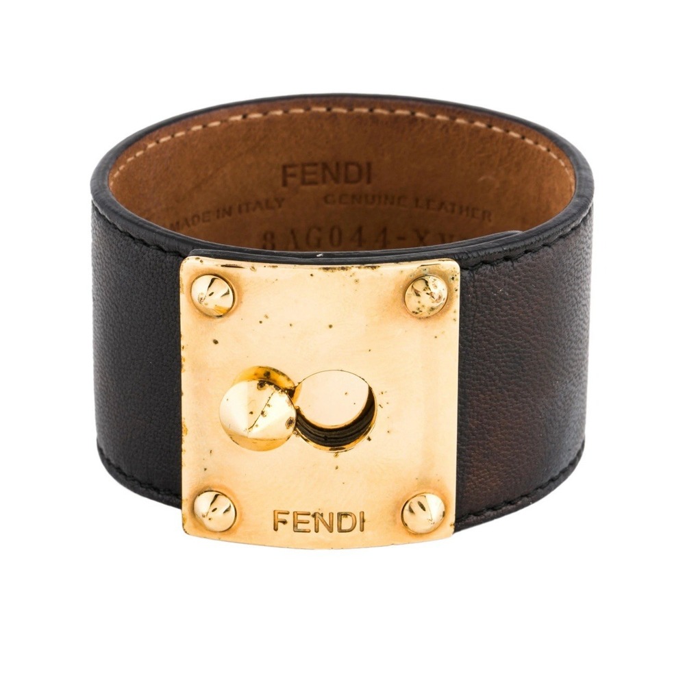 FENDI Vintage Leather Cuff Bracelet Gold Lock Stud Wide Bangle Made In Italy